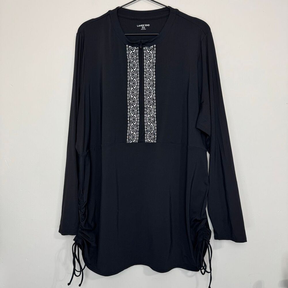 Lands End Black Embroidered Half Zip Rash Guard 2X Long